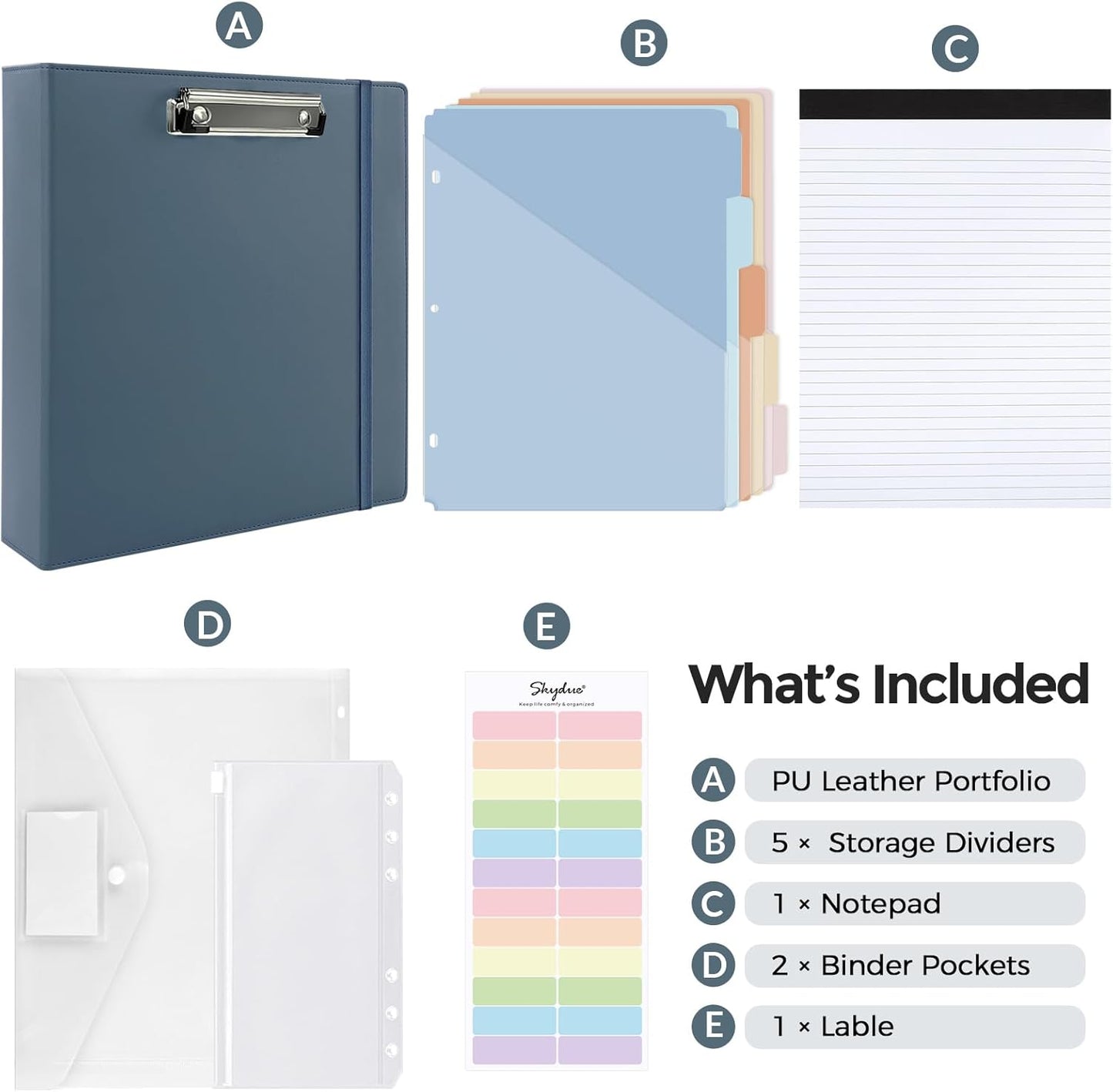SKYDUE 3 Ring Binder with Clipboard,1 Inch Binder, 13.2" × 10.2" PU Clipboard Binder with Notepad & 5 Dividers with 5 Pockets, Labels, Clipboard Folder Great for School Office(Fit Letter Sized Paper)
