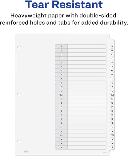 Avery A-Z 26 Tab Dividers for 3 Ring Binders, Customizable Table of Contents, Classic White Tabs, 1 Set (11828)