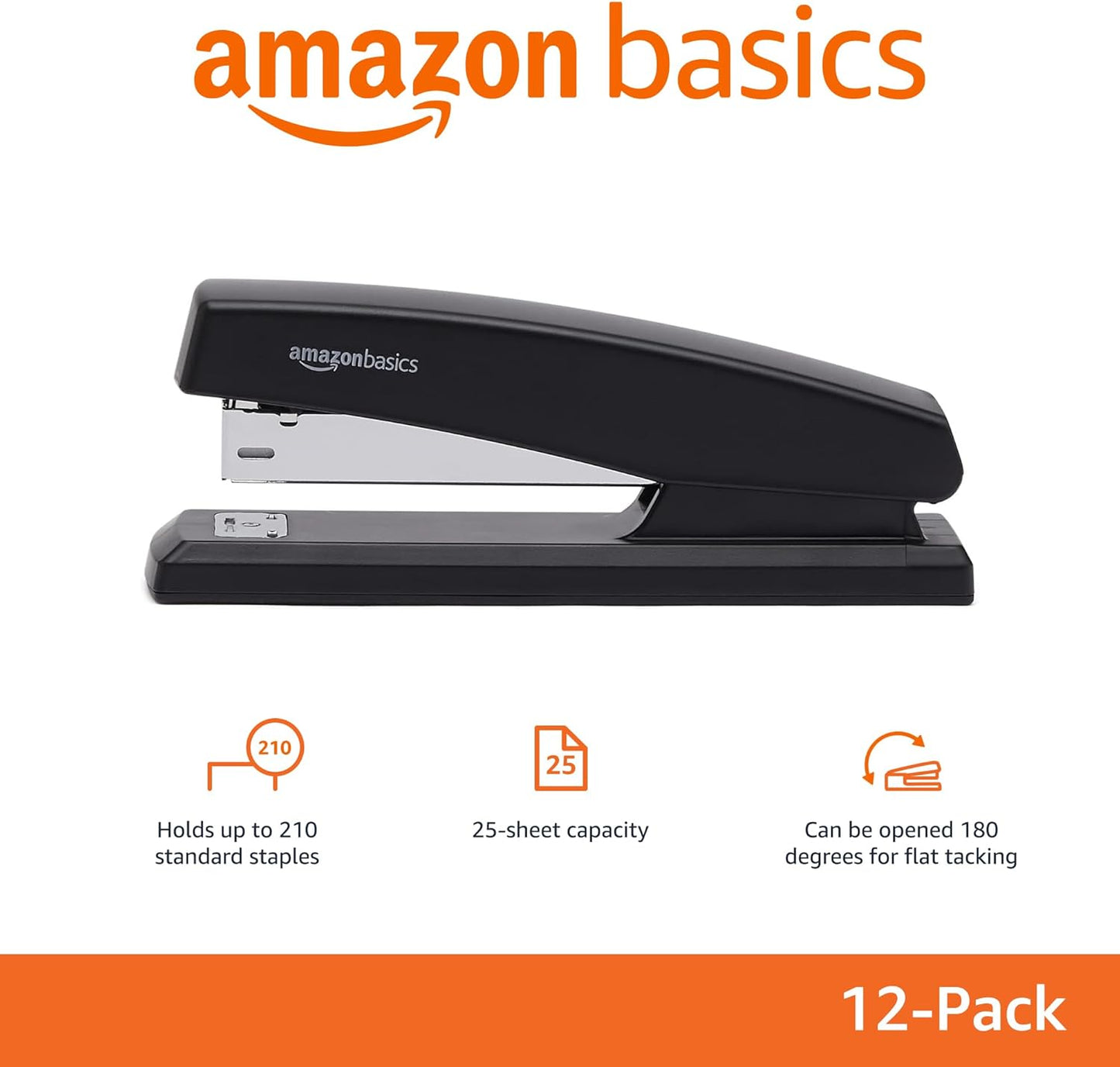 Amazon Basics Office Stapler with 1000 Staples, 25 Sheet Capacity, Non-Slip, Black, Home Office