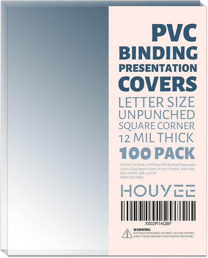 HOUYEE 100 Pack10 Mil Clear Binding Presentation Covers, PVC Report Cover Sheets for Binding, Square Corner, 8.5 x11 Inches, Letter Size