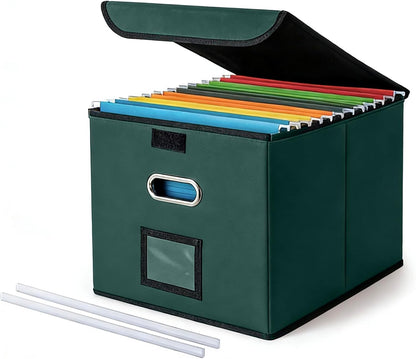 CADONO File Organizer Box with Lid, Large Hanging File Folder Organizer with Plastic Slide, Collapsible Portable Filing Storage Boxes for Office/Decor/Home (Black, 14.9 x 12.59 x 10.8 inch)