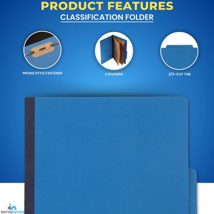 1InTheOffice Pressboard Classification Folders, 1 Divider, Letter Size, 4 Fasteners, Blue, 10 Pack