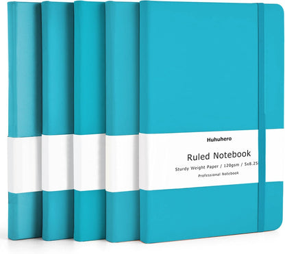 Huhuhero 5 Pack Lined Journal Notebooks, Hardcover Notebook for Work School Office, 5"×8.25", 120Gsm Thick Ruled Writing Journals for Note Taking Business, Black