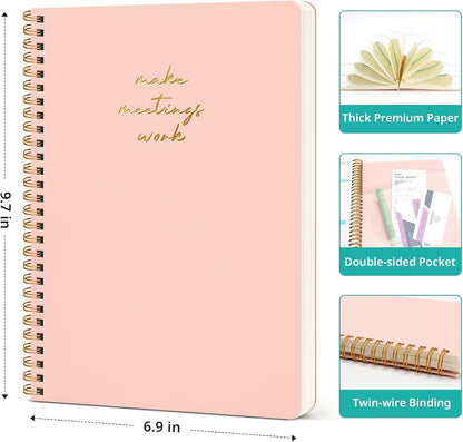 Meeting Notebook for Work Organization - Work notebook with action items, Meeting Minutes Planner Notebook, Perfect Office Supplies for Men & Women - Pink
