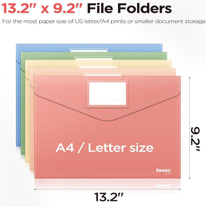 Sooez 10Pack Plastic Envelopes, Plastic File Folders, Clear Folders for Documents Trendy Colors, Super Heavyweight Document Holders, Storage Pouches, File Envelopes for School Office Supplies