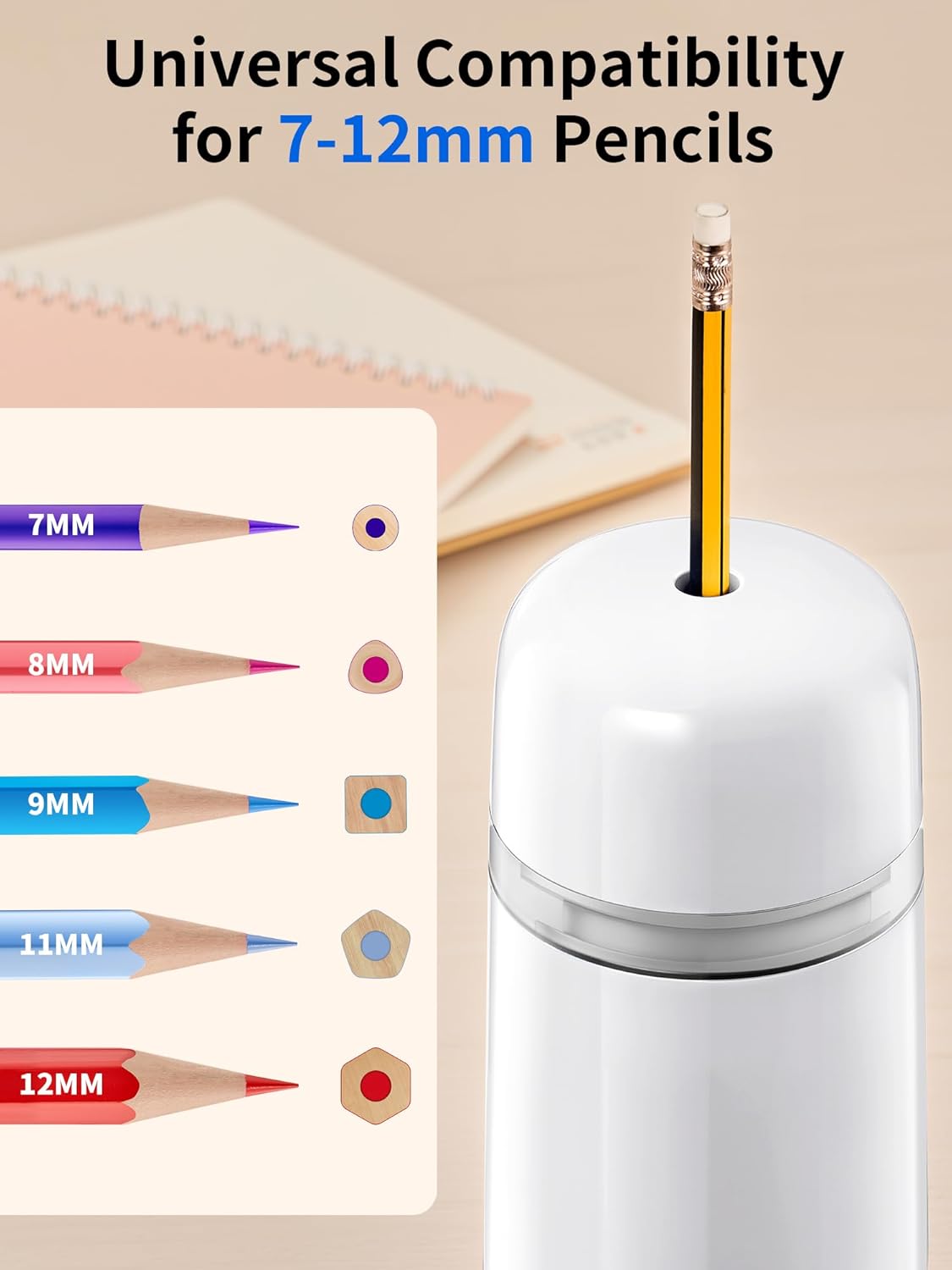 JARLINK Automatic Electric Pencil Sharpener - Hands-Free Operation, 3 Sharpness Modes, 3-Second Sharpening, Rechargeable & Portable for 7-12mm Pencils, Ideal for Classroom and Home Use (Black)