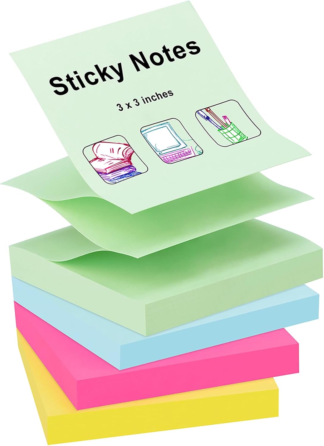 ZCZN 400 Sheets Pop-up Sticky Notes, 3 x 3 Inches, 4 Pads Bright Color Self-Stick Notes, 100 Sheets/Pad, Pink