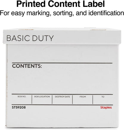 STAPLES Corrugated File Box Lift Off Lid, Letter/Legal Size, White/Black, 10/Pack