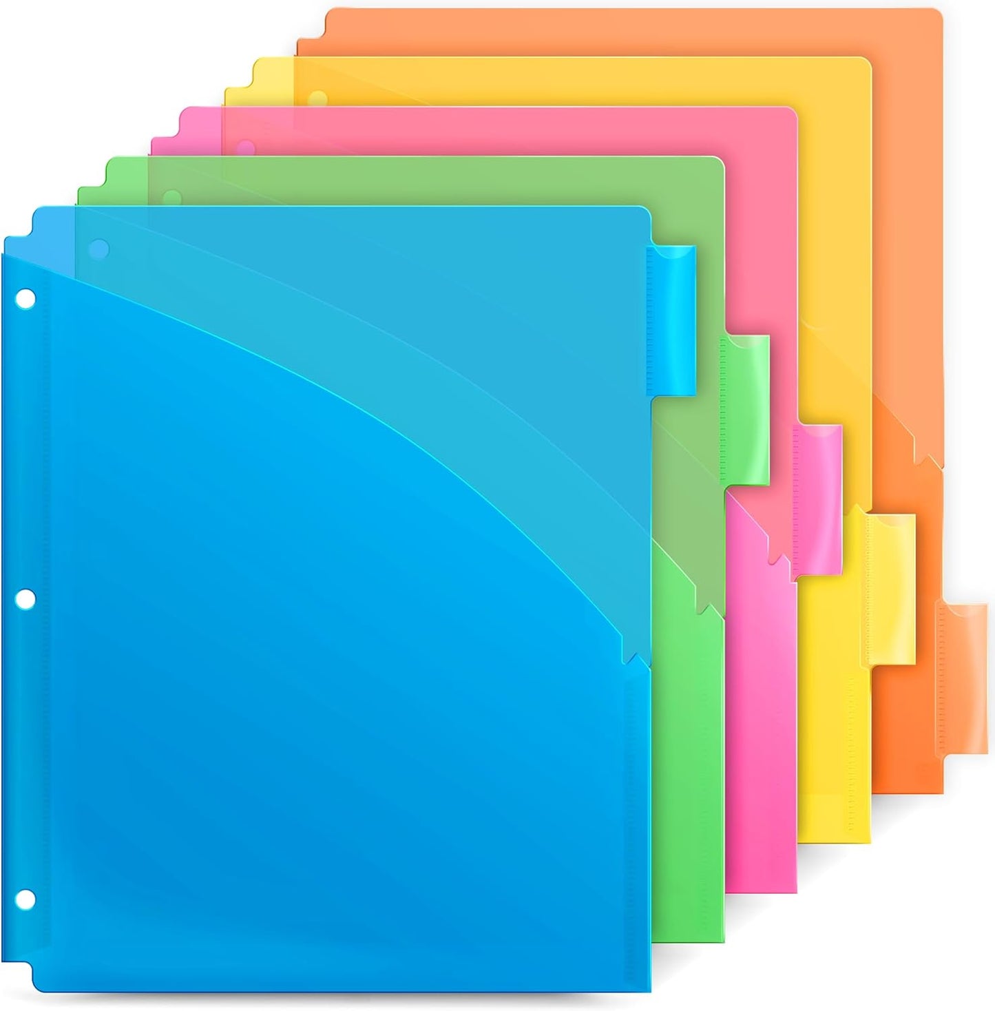 Dunwell 5-Tab Dividers with Pocket for 3-Ring Binders (3 Sets, 15 Count), Plastic One Pocket Dividers with Tabs, Slash File Jackets 3 Hole Punched for 8.5x11 Paper, Poly Pocket Notebook Dividers