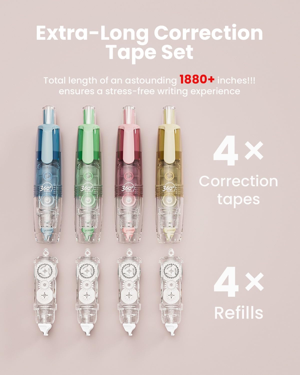 Four Candies Refillable Retractable White Correction Tape, 2PCS White Cute Smooth Push Pull Out Tape with 4 Extra Refills, Aesthetic Pen Shaped Applicator for School Office Supplies (Pink Apricot)
