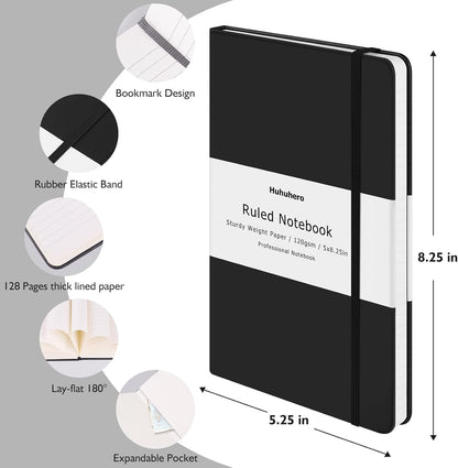 Huhuhero 5 Pack Lined Journal Notebooks, Hardcover Notebook for Work School Office, 5"×8.25", 120Gsm Thick Ruled Writing Journals for Note Taking Business, Black