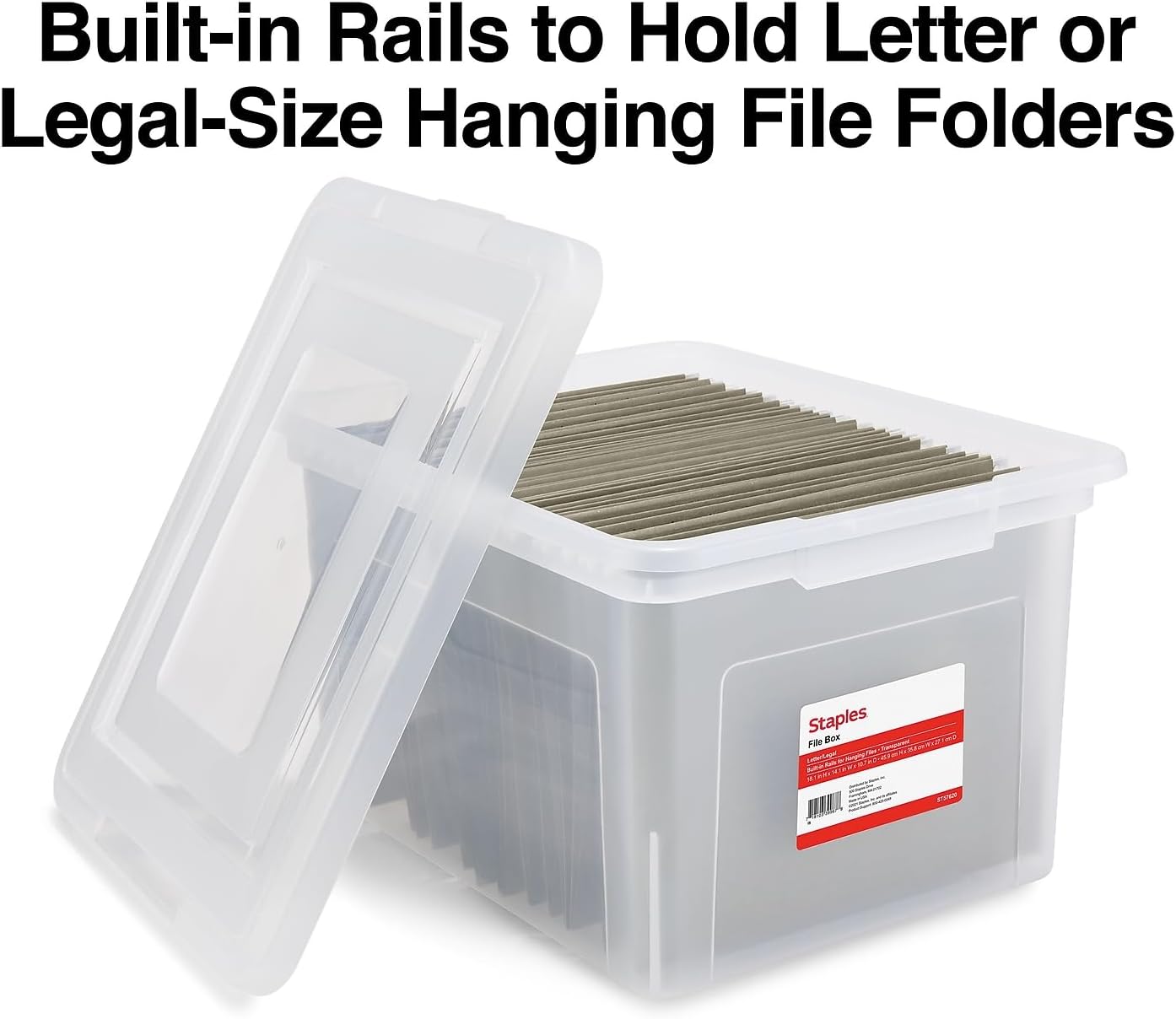 STAPLES File Folder Tote, Portable Filing Box for Letter SIze Hanging Folders, Security Latch & Built-In Lid Organizer, Black/Clear