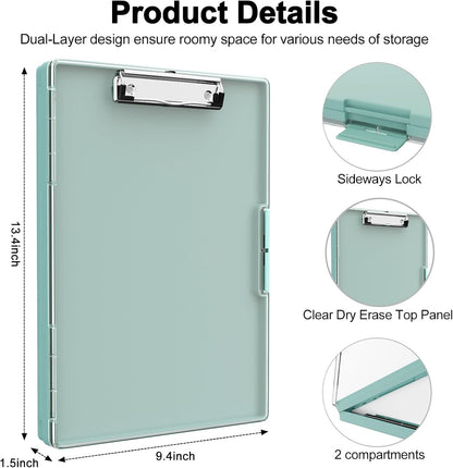 Piasoenc Clipboard with Storage, 8.5 x 11 Clip Boards with 2 Storage Case and A4 Paper Folder, Clear Dry Erase Top Panel, Heavy Duty Plastic, Folio & Side Opening, for Nurses, Teachers, Lawers,Black