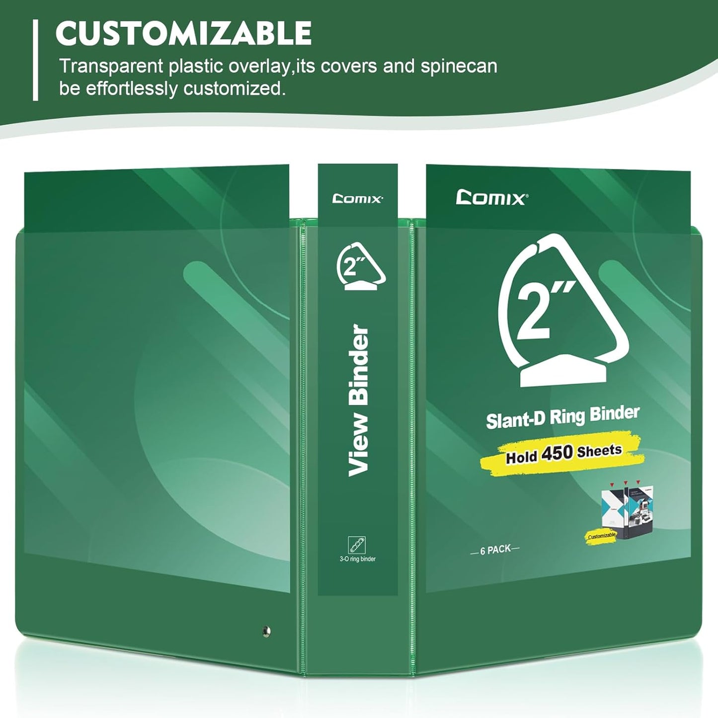 COMIX Sturdy 1 Inch Binders 3 Ring with Clear View Cover, 1" Slant-D Ring View Binder Holds 225 Sheets of US Letter Size Paper, 6 Pack (Green)