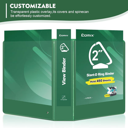 COMIX Sturdy 1 Inch Binders 3 Ring with Clear View Cover, 1" Slant-D Ring View Binder Holds 225 Sheets of US Letter Size Paper, 6 Pack (Green)
