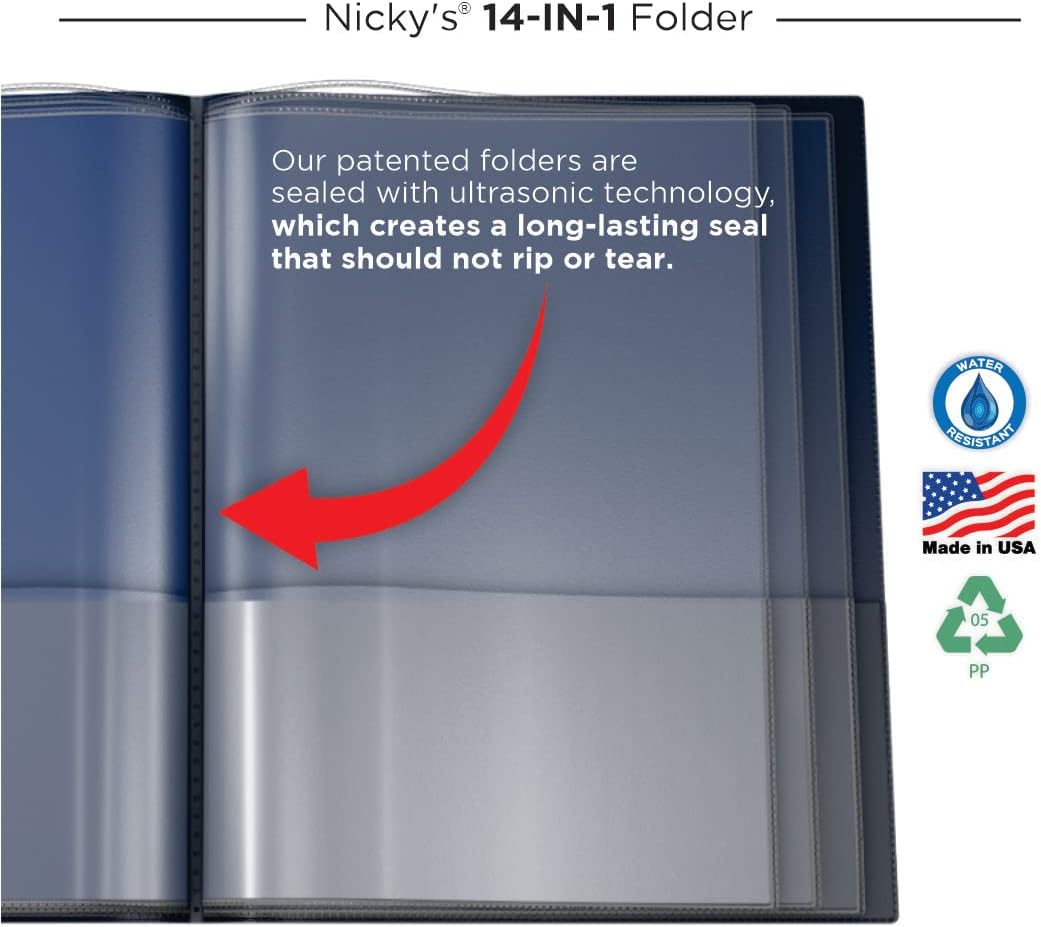 Nicky's® Multi Pocket Organizer, 10 or 14 Page Folder, Water Proof, Patented Tear-Resistant, Flexible Plastic, Proudly Made in USA, Binder Substitute. (10-in-1 Red)