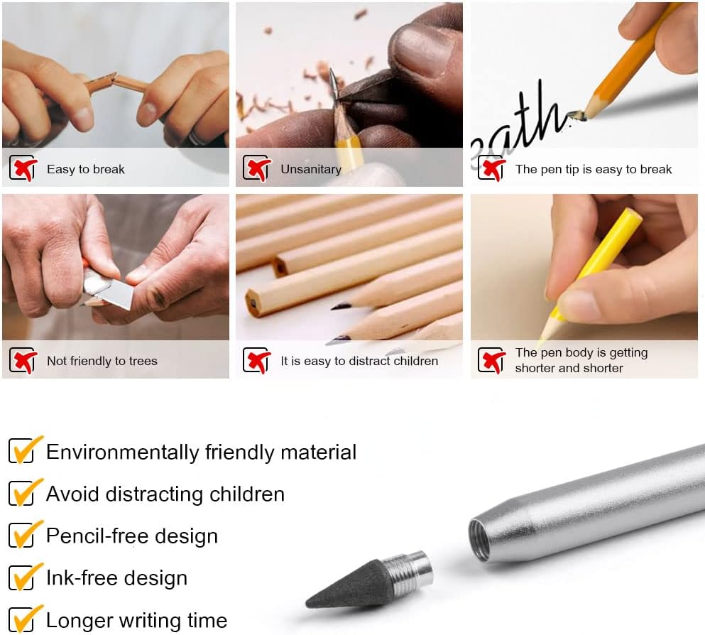 AUAUY 20PCS Inkless Pencil Replaceable Refill, Infinite Pencil Replaceable Graphite Nib, Graphite Nib Metal Inkless, Everlasting Pencils Replacement Head for Writing Drawing Office School Supplies