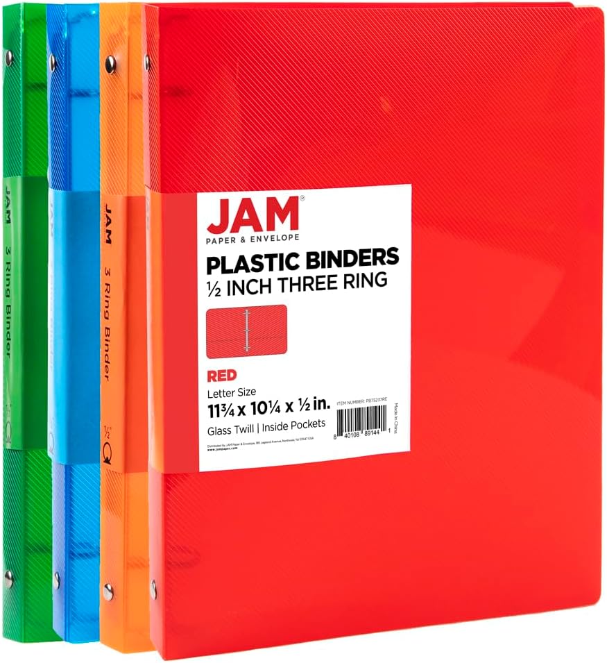 JAM PAPER Plastic 0.75 inch Binder - Clear 3 Ring Binder - Sold Individually