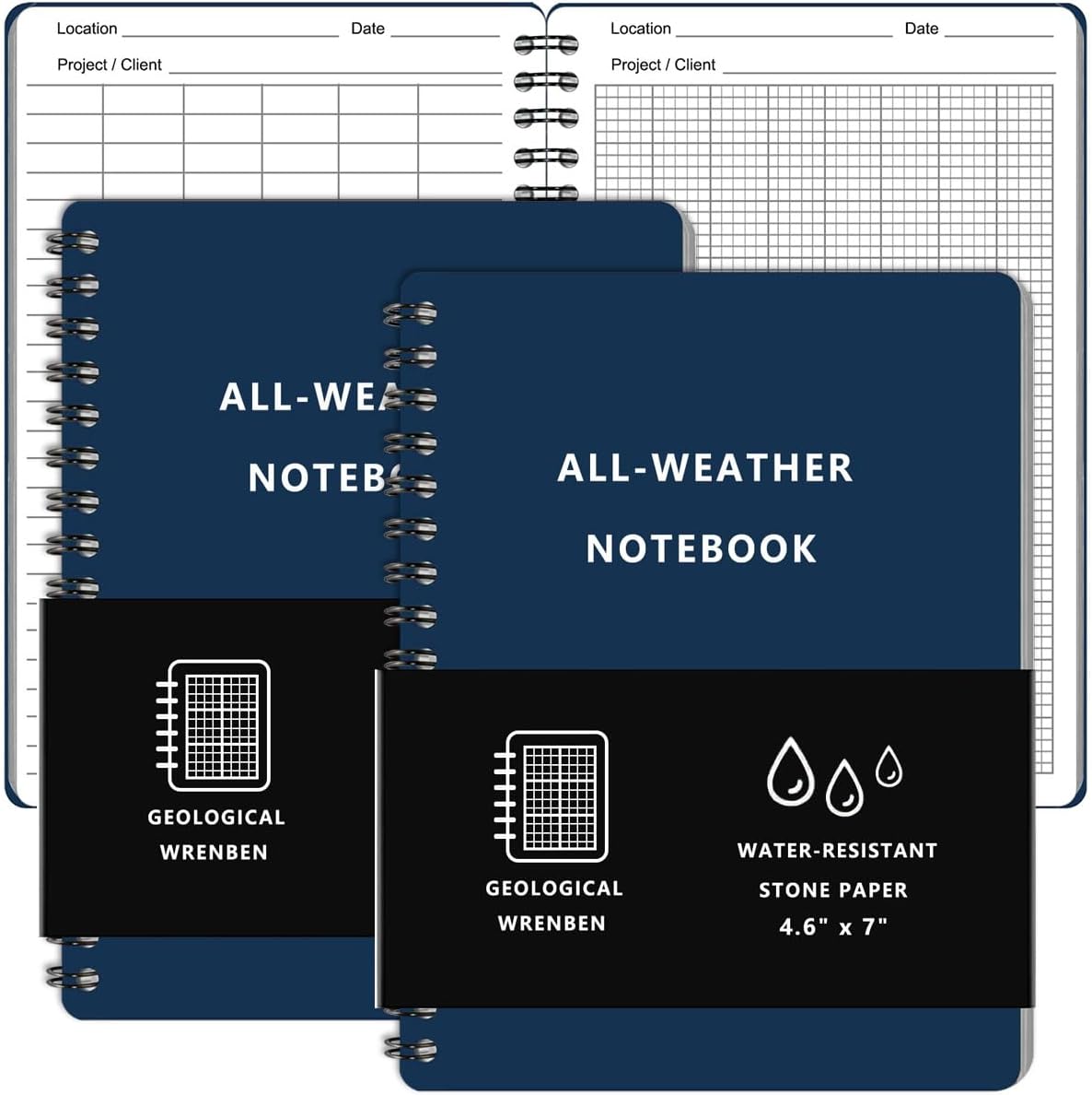 2PCS Geological Graph Weatherproof Spiral Notebooks 4.8"x7" with All Weather Stone Paper and Waterproof PVC Cover, 100 Pages per Pocket Notepad, A6 Medium Size Steno Pads (Geological, Blue)