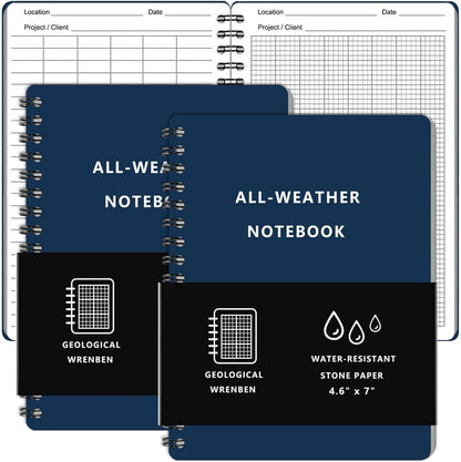 2PCS Geological Graph Weatherproof Spiral Notebooks 4.8"x7" with All Weather Stone Paper and Waterproof PVC Cover, 100 Pages per Pocket Notepad, A6 Medium Size Steno Pads (Geological, Blue)
