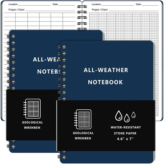 2PCS Geological Graph Weatherproof Spiral Notebooks 4.8"x7" with All Weather Stone Paper and Waterproof PVC Cover, 100 Pages per Pocket Notepad, A6 Medium Size Steno Pads (Geological, Blue)