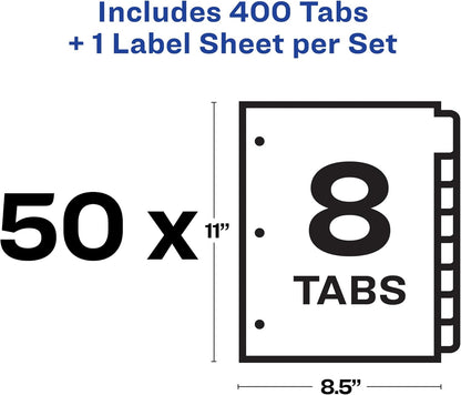 Avery 8-Tab Binder Dividers, Easy Print & Apply Clear Label Strip, Index Maker, White Tabs, 50 Sets (11557)