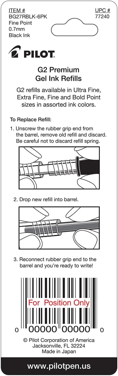Pilot, G2 Gel Ink Refills, Fine Point 0.7 mm, Black, Pack of 6
