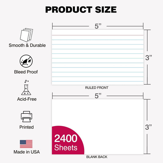 WritePads Index Cards Bulk, 2400 Flash Cards (24 Packs of 100), Wide Ruled Notecard, Blank Back Note Cards, Lined Flashcards for Studying School Home and Office, Made in USA (4x6)