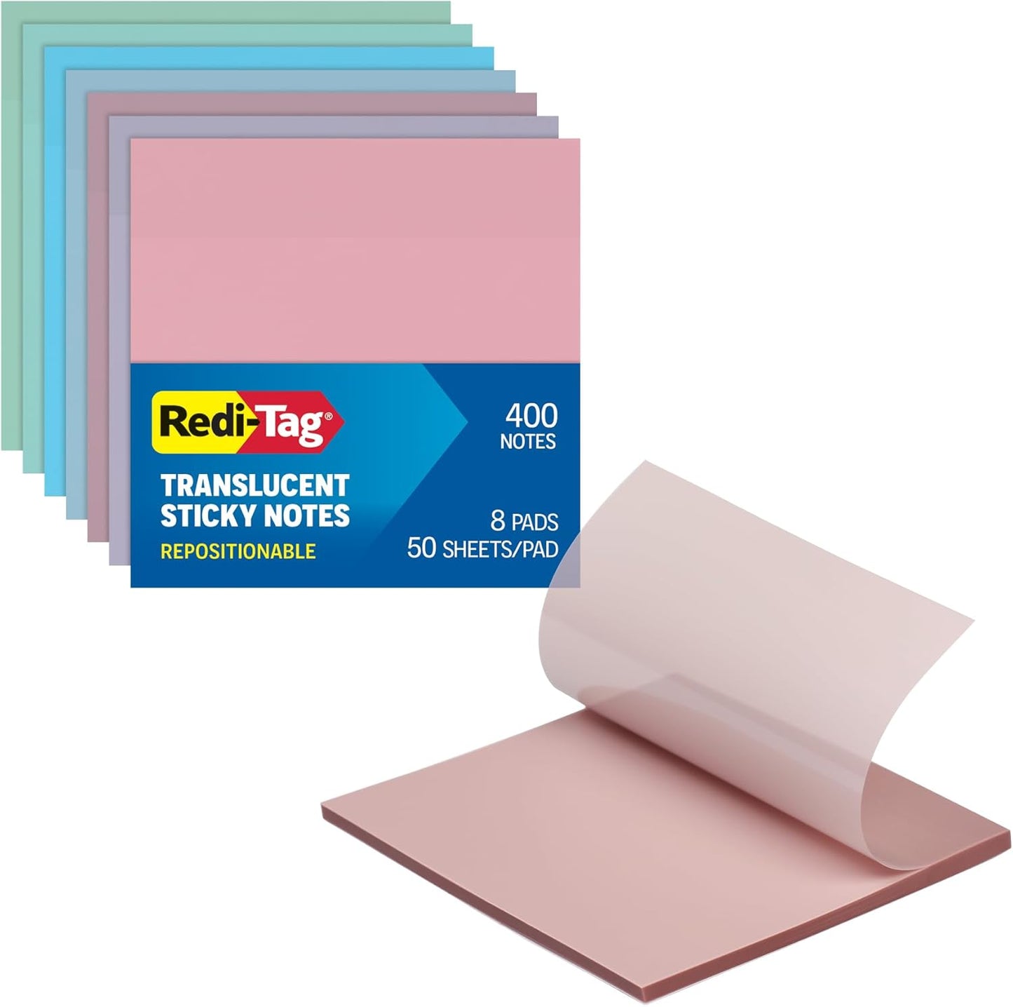 Redi-Tag Translucent Sticky Notes, Transparent Self-Stick Notes, 3" x 3", 4 Pads, 50 Notes Per Pad, 200 Sheets (1006596)