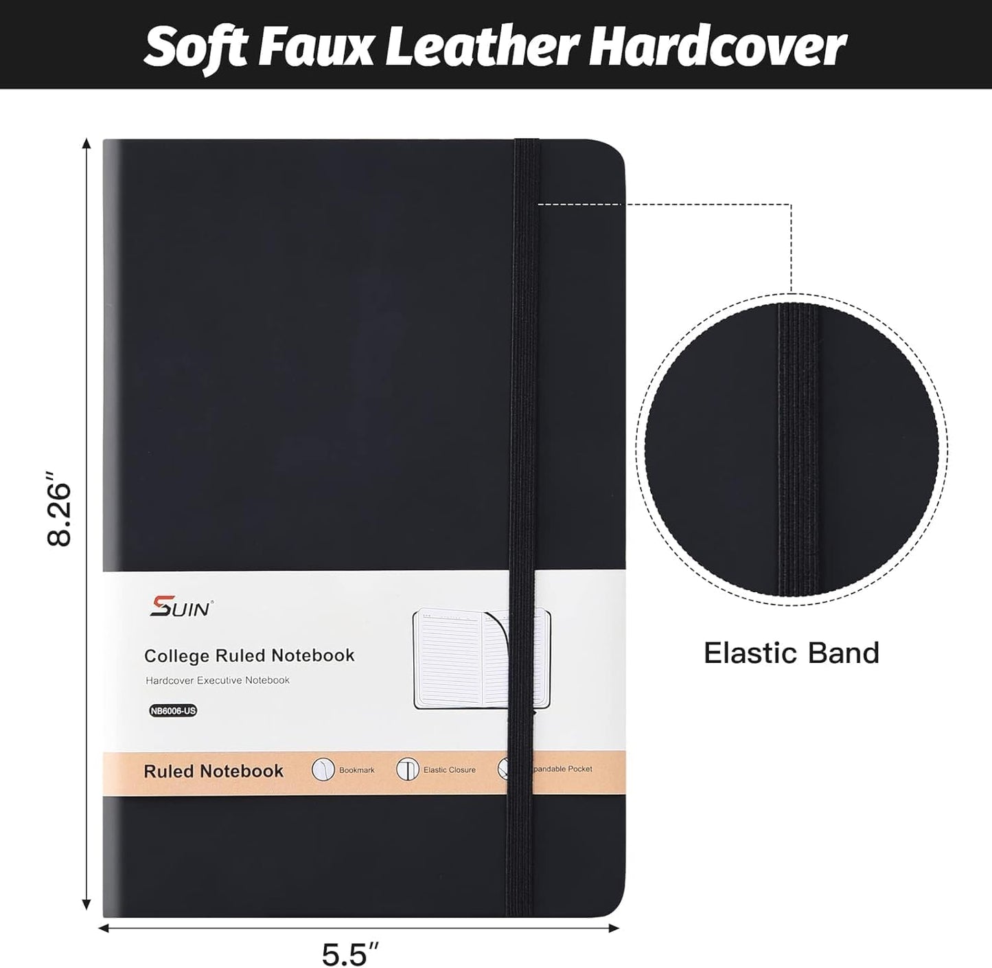 SUIN Hardcover-Journal-Notebooks, A5 Lined Journals Notebook for Writing 200 Pages, 8.2 x 5.5 inch, Classic Ruled Notebooks for Work/Travel/College (Black- 1 Pack)