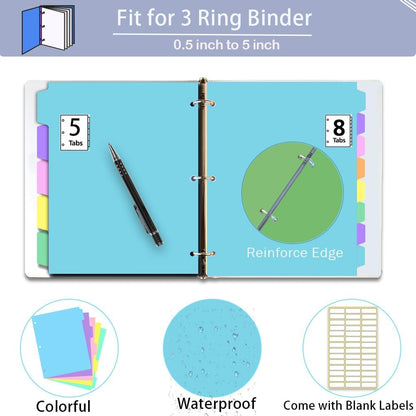 24Pcs/3 Sets Binder Dividers for 3 Ring Binder,8 Tab Binder Plastic Page dividers with Tab,8TAB Set,Multicolor