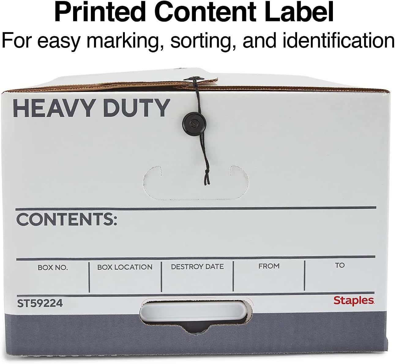STAPLES Storage & Filing Box, Heavy-Duty with Handles & String-Button Lid, Letter Size Documents, Stackable, 4-Pack, White/Gray
