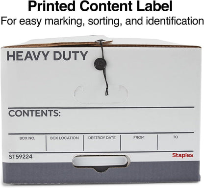 STAPLES Storage & Filing Box, Heavy-Duty with Handles & String-Button Lid, Letter Size Documents, Stackable, 4-Pack, White/Gray