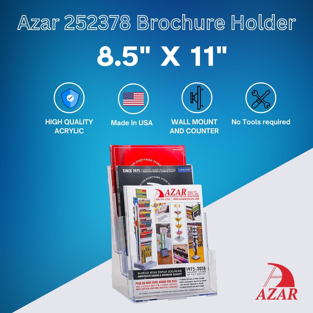 Azar Displays 252376 Four Tier, Four Pocket Letter Brochure File Holder for Flyer, Office Supplies, Paper Document or Magazines, Clear Organizer for Wall and Counter Desktop Stand, 8.5" x 11"