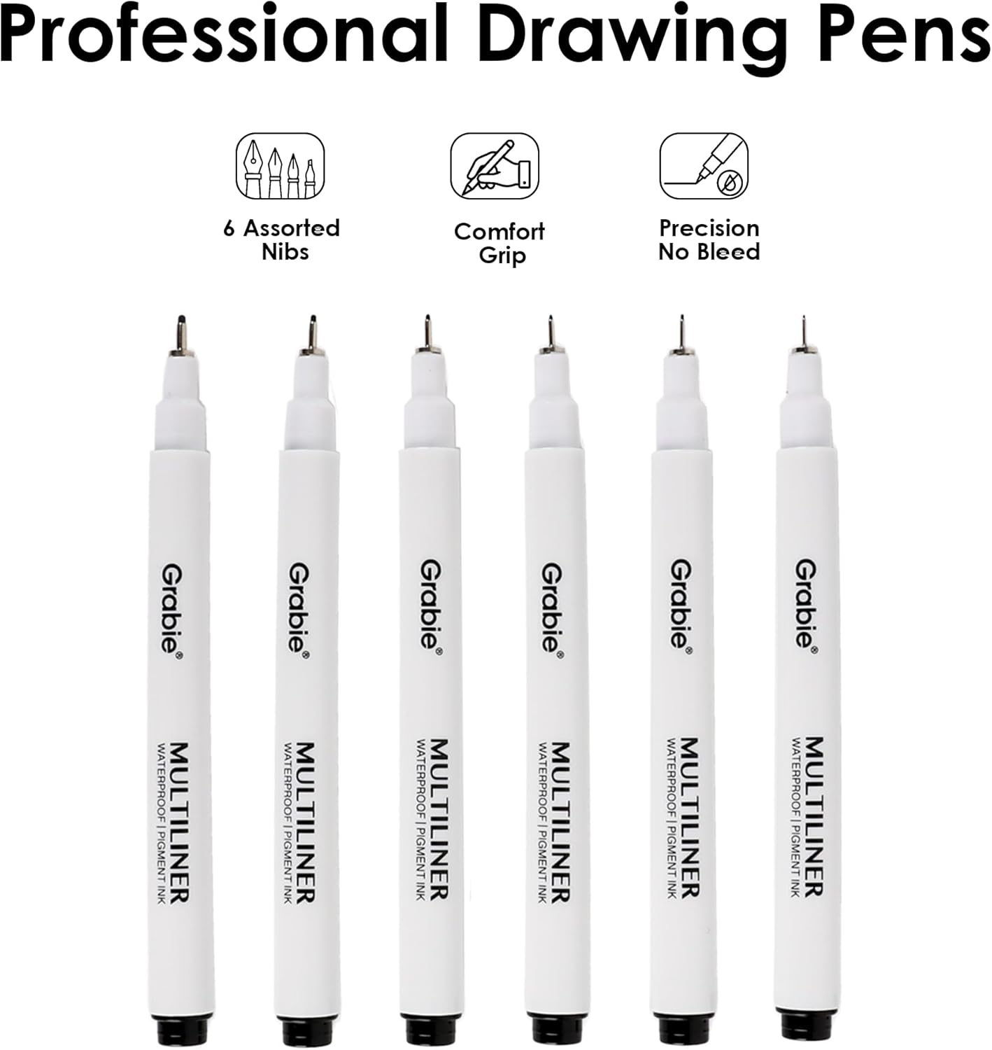 Grabie Micro Finerliner Pens, 6 Archival Black Ink Waterproof Drawing Pens, Assorted Point Sizes for Sketching, Illustration, Journaling, Art Supplies