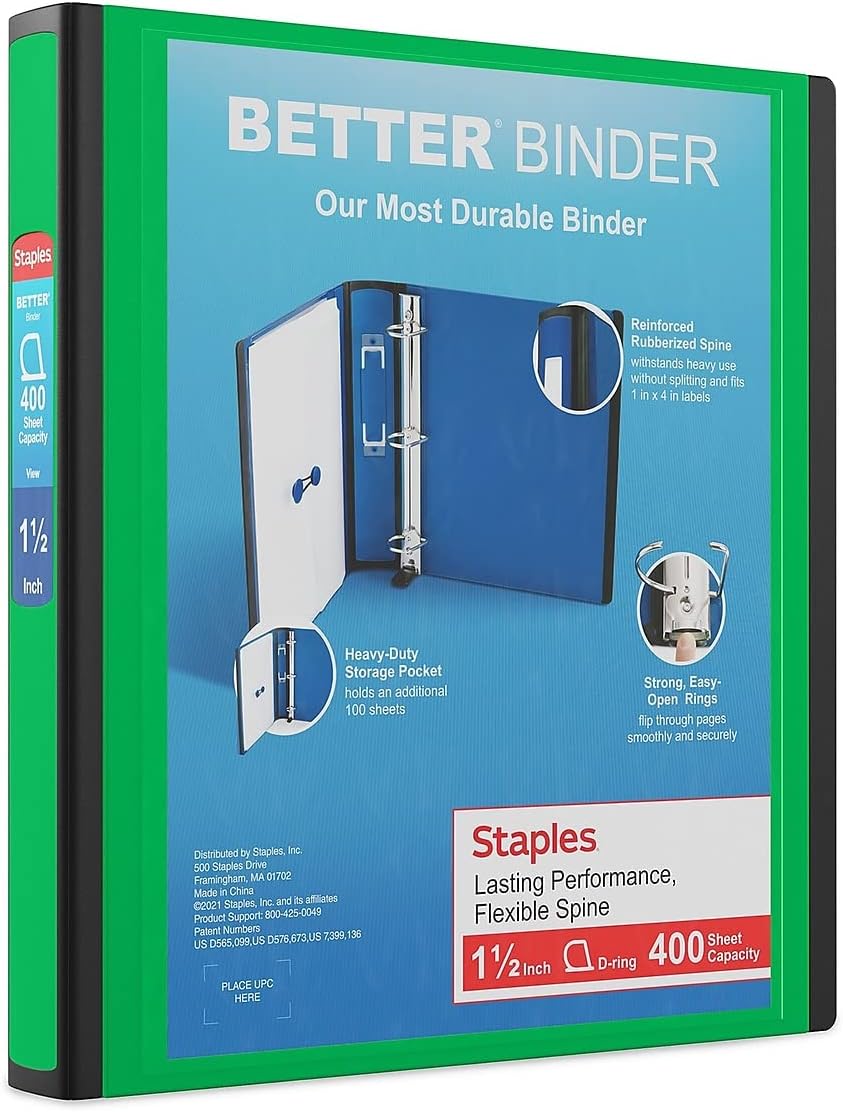 Staples Better Binder 2-Inch D-Ring View Binder, Reinforced Spine, Holds Up to 540 Sheets, Teal, for Office & School