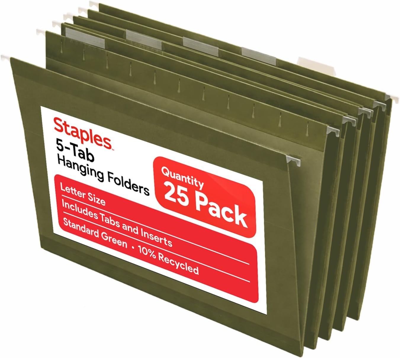 Staples Reinforced Hanging File Folders, Letter Size, 3" Expansion, Wide‑Capacity Box‑Bottom Design, Standard Green – 25/Pack
