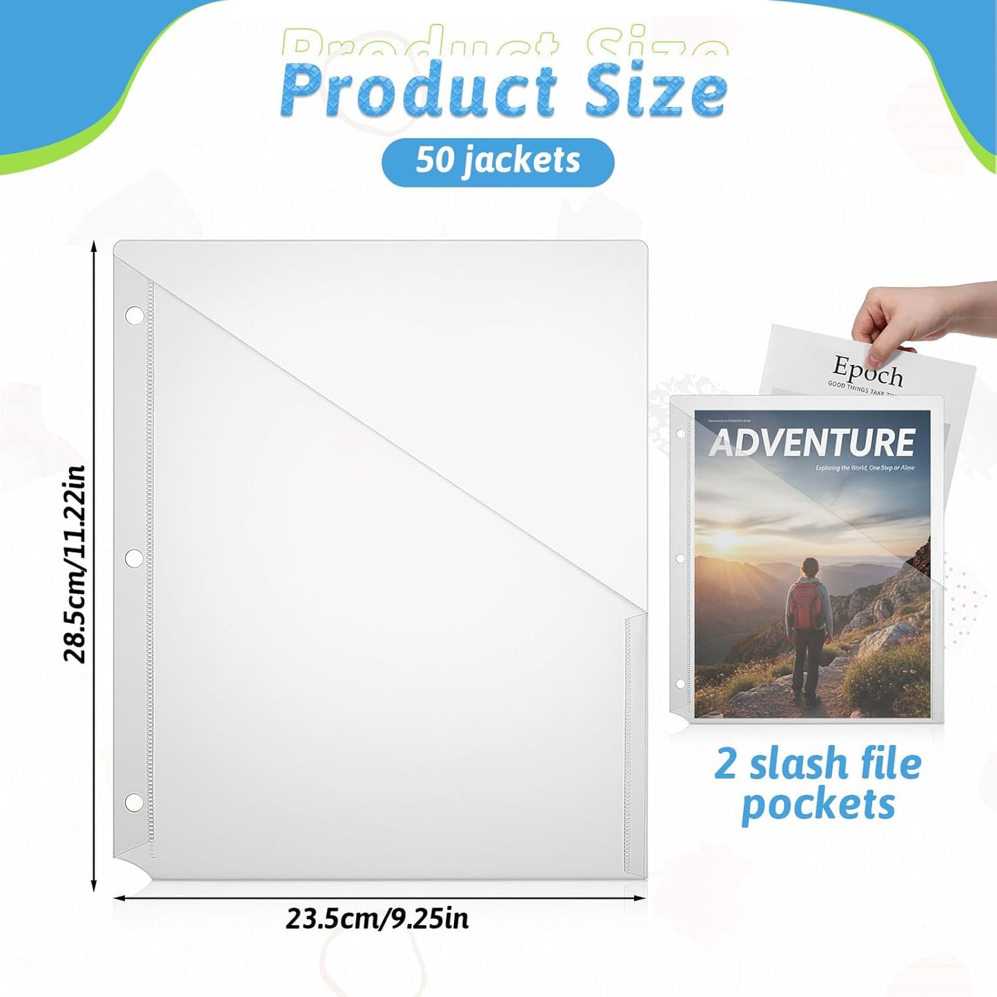 50 Pcs 3 Hole Punch Clear Plastic Document Folders, Binder Dividers with Pockets Waterproof Binders Sleeves Poly Slash File Jackets for Home Office Document Organizer (Transparent)