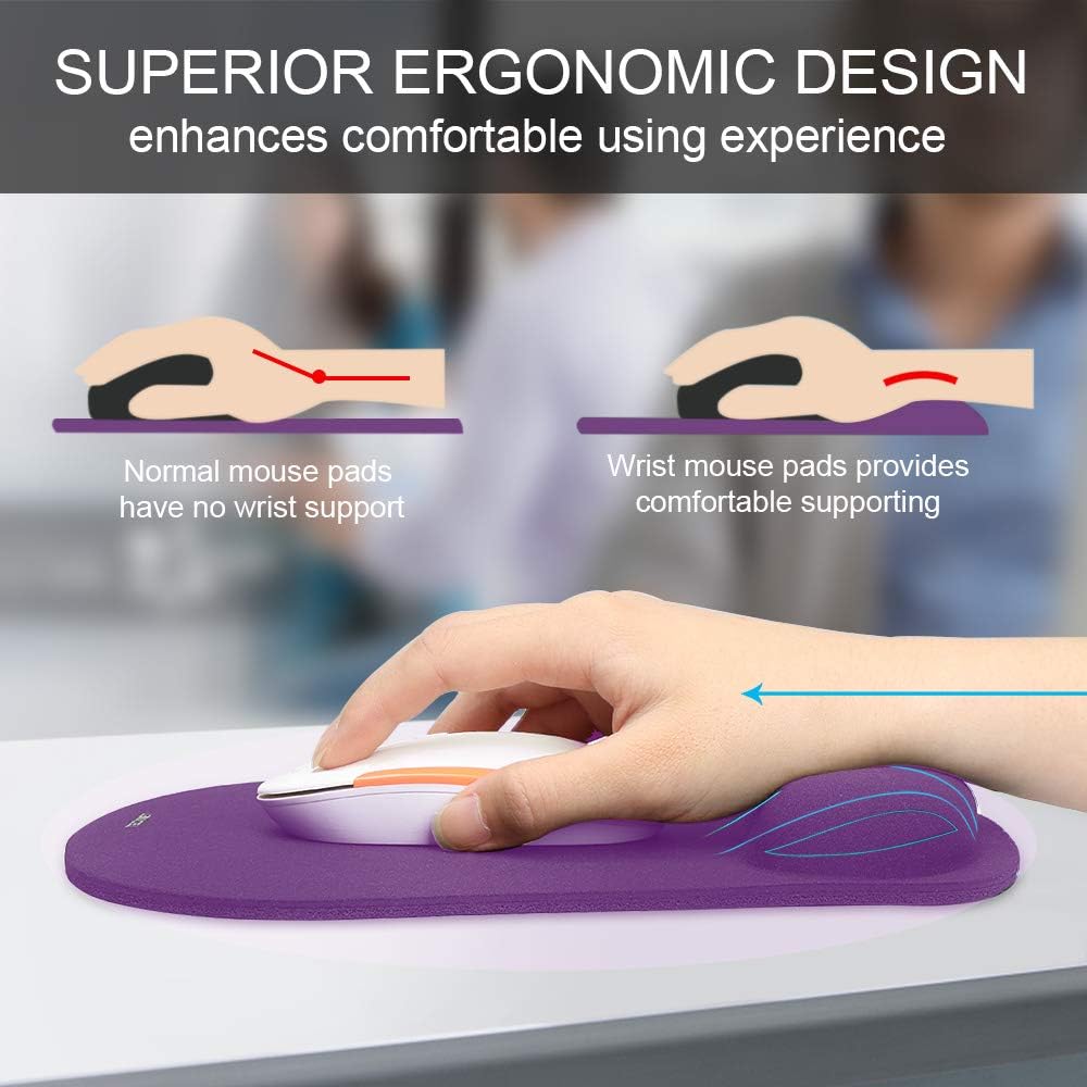 TECKNET Mouse Pad with Wrist Support, Ergonomic Gaming Mouse Pad Pain Relief, Portable Comfortable Mousepad for Computer, Laptop, Office, Home and Travel, Non-Slip Base, Waterproof Surface, Black