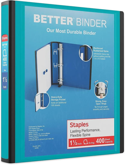 Staples Better Binder 2-Inch D-Ring View Binder, Reinforced Spine, Holds Up to 540 Sheets, Teal, for Office & School