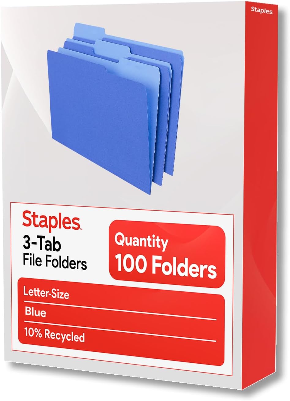 Staples File Folders, Letter Size, 1/3‑Cut Tabs, Purple, Durable 10.5‑Point Paper Stock, 100/Pack