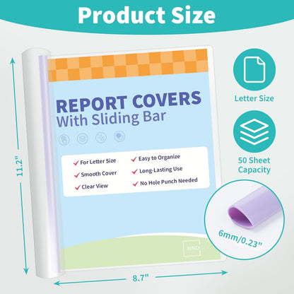 Binditek 10 Pack Clear Report Covers with Sliding Bars, 50 Sheet Capacity, 6mm Sliding Bar File Folder, Purple Gradient, for Students and Coworkers