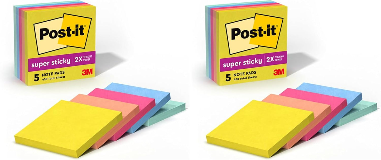 Post-it Super Sticky Notes, 5 Sticky Note Pads, 3 x 3 in., School Supplies, Office Products, 2X the Sticking Power, Summer Joy Collection