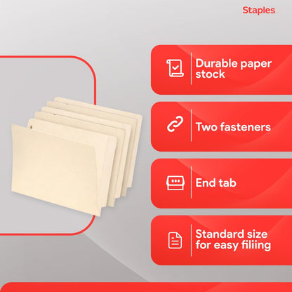 Staples Reinforced File Folder with Fasteners, Letter Size, Manila, Durable Paper Stock, 50/Pack