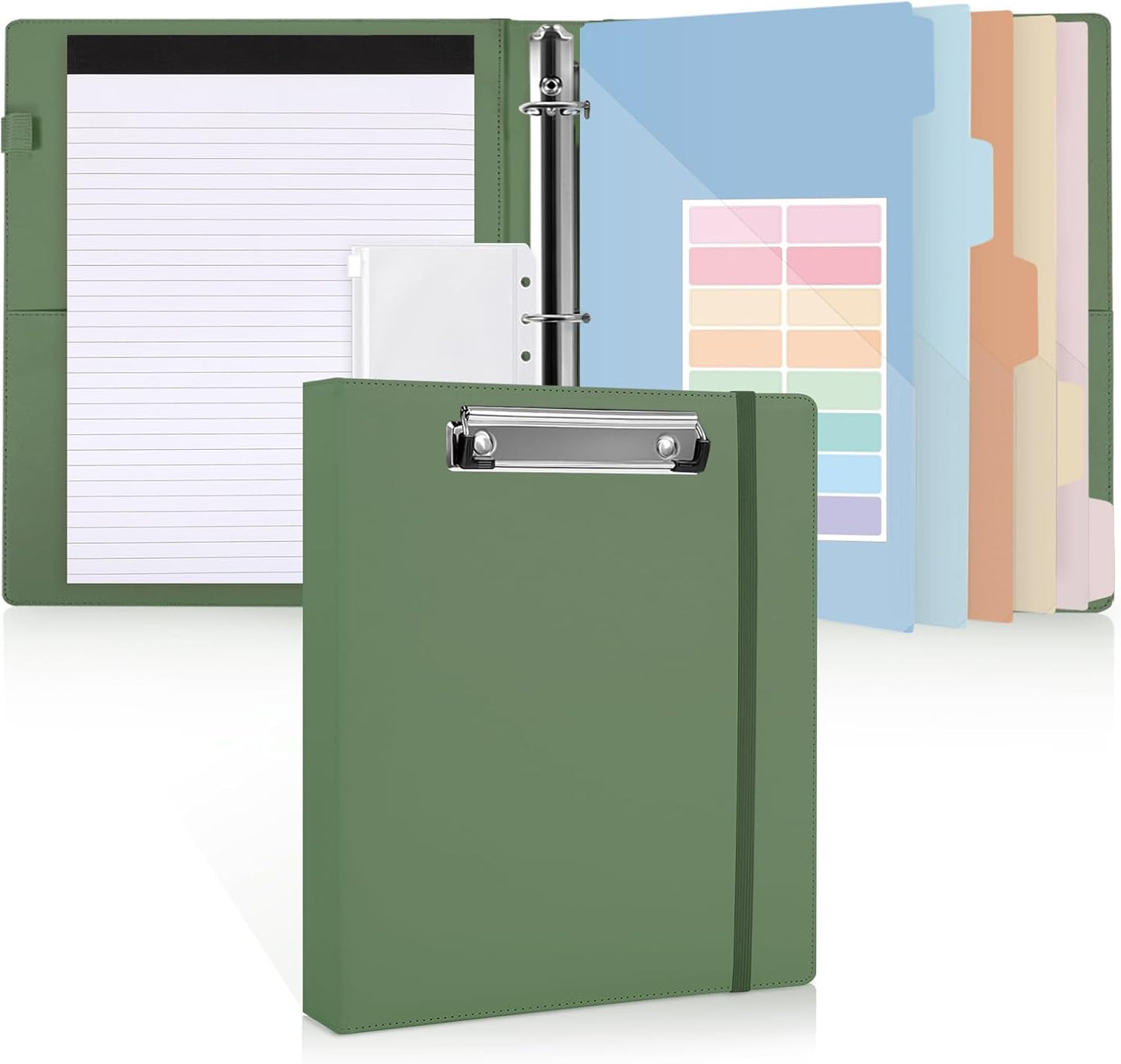 SKYDUE 3 Ring Binder with Clipboard,1 Inch Binder, 13.2" × 10.2" PU Clipboard Binder with Notepad & 5 Dividers with 5 Pockets, Labels, Clipboard Folder Great for School Office(Fit Letter Sized Paper)