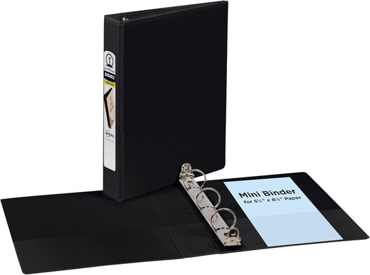 Avery Mini Durable View 3 Ring Binder, Holds 5.5" x 8.5" Paper, 1" Round Rings, 175-Sheet Capacity, 1.4 Inch Wide Spine, 1 Black Binder, Great for Home, School Supplies, Office, and More (17167)
