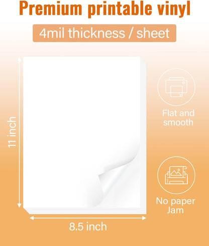 QYH Printable Vinyl Sticker Paper for Inkjet & Laser Printer - Matte White Waterproof, 50 Sheets Vivid Colors, Compatible with Cricut, Silhouette, Ideal for Small Business & DIY- 8.5"x11"