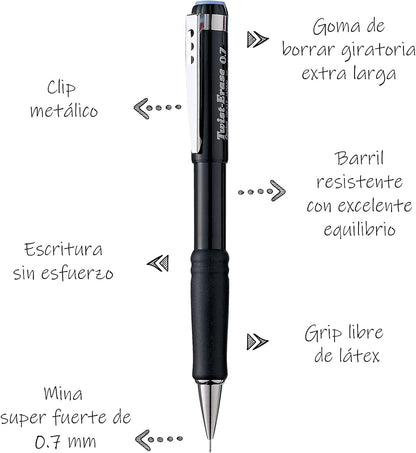 Pentel Twist-Erase III Mechanical Pencil, (0.7mm), Black Barrel, 12 Pack (QE517A)