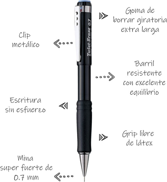 Pentel Twist-Erase III Mechanical Pencil, (0.7mm), Black Barrel, 12 Pack (QE517A)