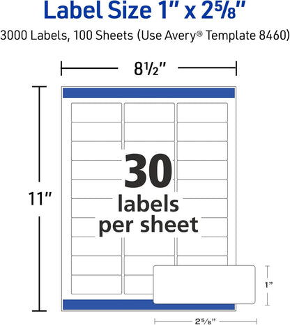 Avery Easy Peel Printable Address Labels with Sure Feed, 1" x 2-5/8" Customizable Stickers, White, 3,000 Blank Mailing Labels, Great for Mailing, Shipping, and More (8460)